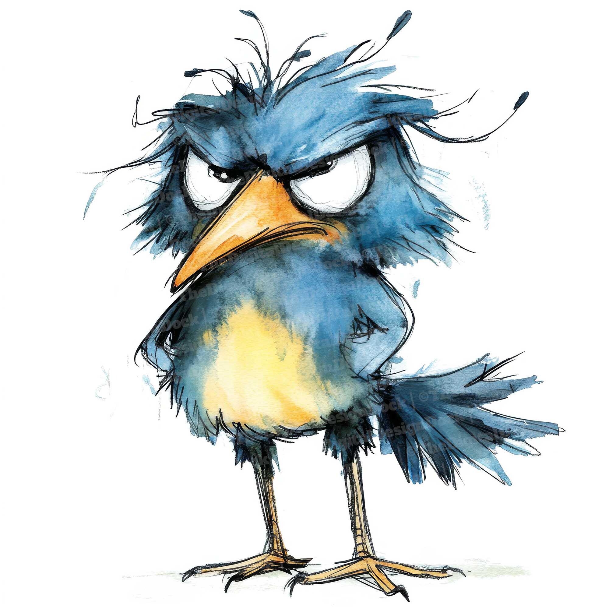 12x Grumpy Bird Clipart, Crazy Blue Bird, Digital Watercolor ...