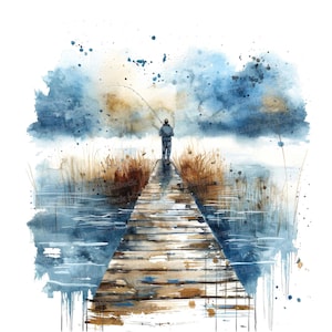 Fishing Pier clipart, 12 jpgs, aquarel Lake Scene clipart, afdrukbare aquarel clipart, Paper Crafts, Digitale download, Junk Journals