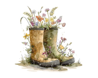 May include: Watercolor illustration of two rubber boots filled with colorful wildflowers. The boots are shades of brown and green, with a worn appearance. The flowers include orange poppies, yellow blooms, and purple and white wildflowers.
