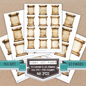 May include: A collection of paper sheets featuring scroll designs with a vintage, aged appearance. The scrolls have a light brown parchment look with darker brown edges. The image includes text indicating 300 DPI, 12 pages, and 48 pieces.