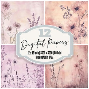 12x Blush Scratched Florals Junk Journal Paper Vintage Botanical Digital Paper Pack Distressed Backgrounds High Quality JPGs Download
