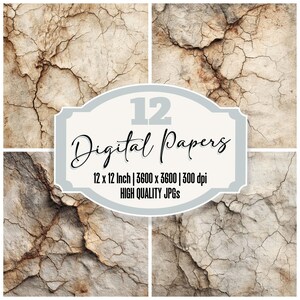 Könnte beinhalten: Digitale Kunstkomposition mit vier strukturierten Hintergründen mit rissigem, gealtertem Aussehen in Beige- und Brauntönen. Der Text "12 Digital Papers" sowie Angaben zu Größe und Auflösung sind enthalten.