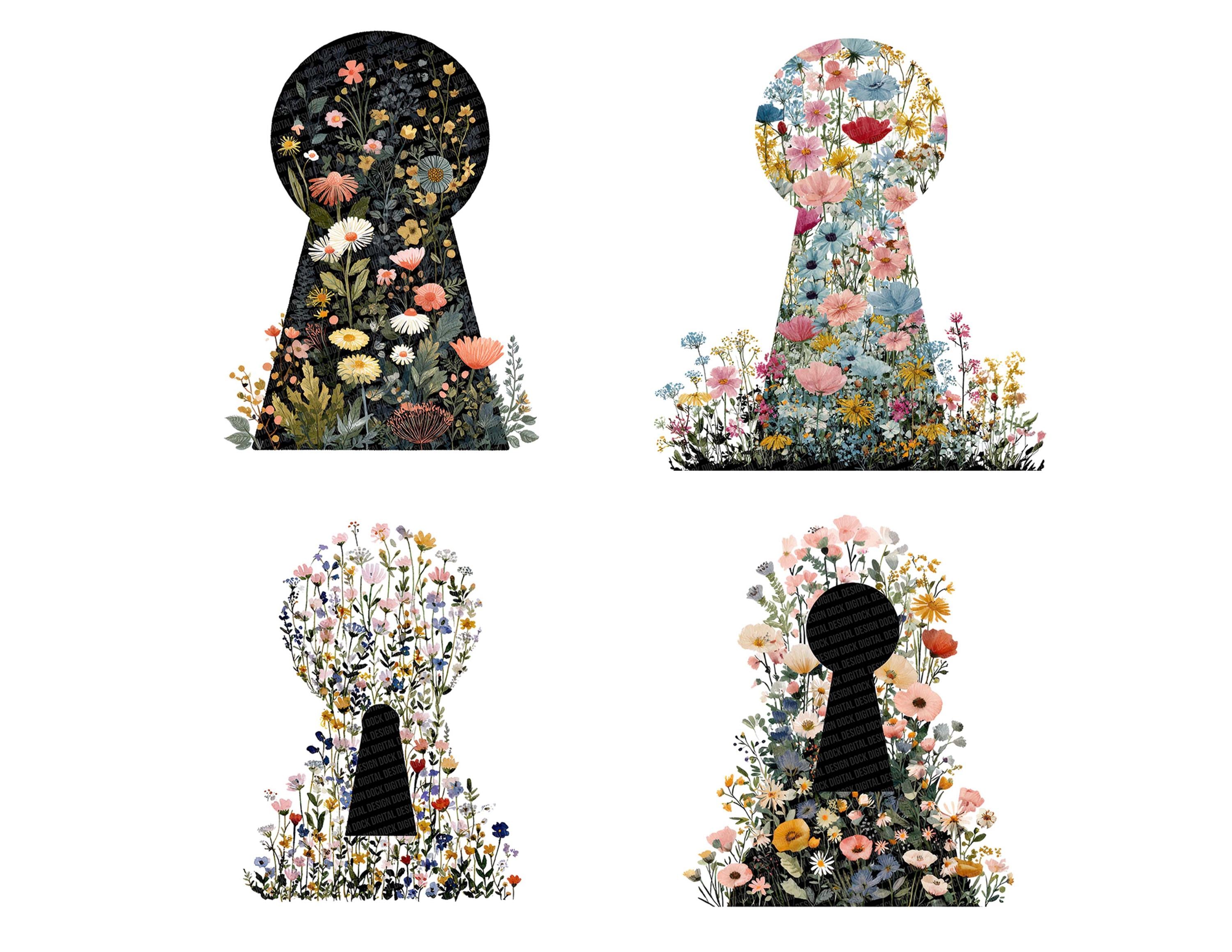 Secret Garden Keyhole Clipart, 12x Wildflower Keyhole Clip Art Set ...