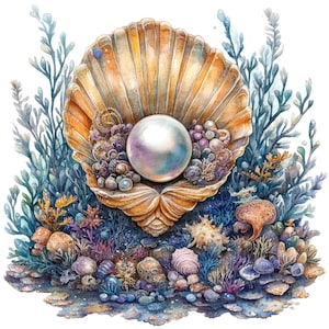 May include: A large, iridescent pearl rests inside a golden seashell, surrounded by smaller pearls and coral-like sea life. The shell is nestled among blue and green seaweed and rocks.