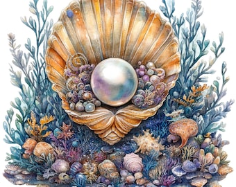 20 輝く真珠のクリップアート | 開いた貝殻のイラスト | 印刷可能な