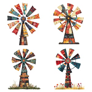 Op de afbeelding: Set van vier kleurrijke metalen windmolens met een patchwork-ontwerp. Elke windmolen heeft een ander patroon en een andere kleurencombinatie. De windmolens zijn gemonteerd op een zwarte metalen basis.
