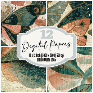 May include: Digital paper pack with butterfly wing patterns in teal, peach, and beige. The image includes the text "12 Digital Papers" and details about the paper size and resolution: 12 x 12 inches, 3600 x 3600 pixels, and 300 dpi.