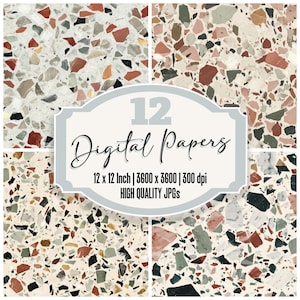 Puede incluir: Una colección de 12 papeles digitales con diseño de terrazo. Cada papel presenta un patrón único de chips coloridos sobre un fondo blanco. La imagen incluye el texto "12 Digital Papers" y detalles sobre el tamaño y la resolución, cada papel es de 30.48 cm x 30.48 cm.