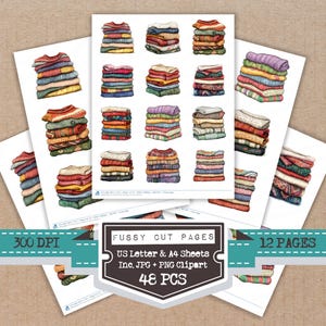 Folded Cozy Sweaters Fussy Cut Sheets, 12x Printable Pages, Knit Clothing Cut Outs, Junk Journal Ephemera, Print and Cut, Digital Download