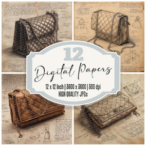 12 x croquis de sac à main papier journal indésirable paquet de papier numérique papier imprimable haute qualité JPG vintage arrière-plans de mode papier scrapbooking