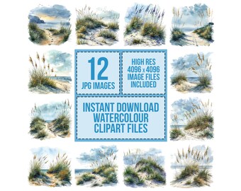 May include: Twelve watercolor illustrations of a sandy beach path with tall grass and a blue sky with clouds. The images are high resolution and perfect for digital scrapbooking, card making, and other creative projects.