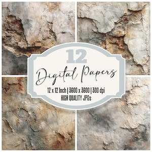 May include: A collage of four digital paper designs featuring a weathered, textured wall appearance. The color palette includes shades of gray, brown, and beige. The image includes text that reads "12 Digital Papers" and details about the paper size and resolution.