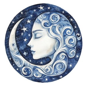 Folk Moon with Stars PNG Clipart, 12x Crescent Moon Clip Art Set, Printable Watercolor Clip Art, Digital Download, Transparent PNG