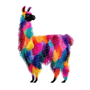 May include: A colorful watercolor illustration of a llama. The llama's fur is a patchwork of vibrant colors including yellow, orange, pink, blue, and purple. The llama has a black face, ears, and hooves, set against a white background.