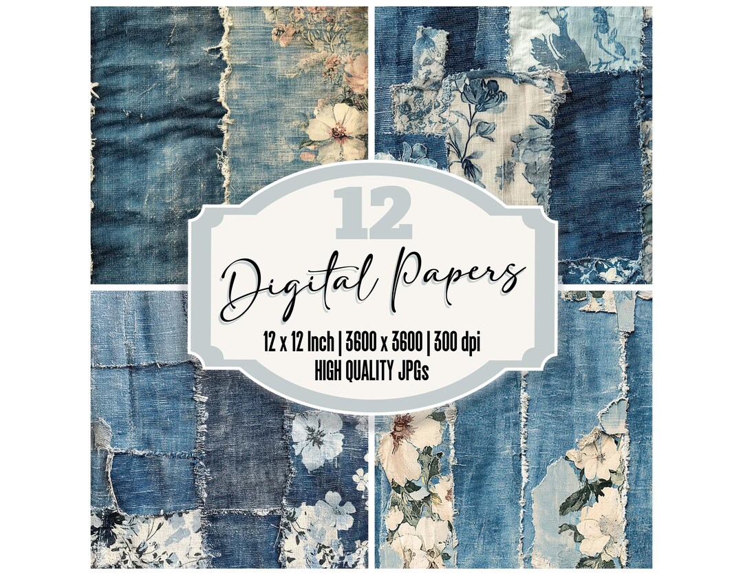 12x Denim Patchwork Junk Journal Paper, Vintage Floral Digital Paper ...