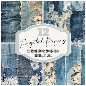 12x Denim Patchwork Junk Journal Paper, Vintage Floral Digital Paper Pack, Distressed Fabric Texture, Scrapbook Paper, Digital Download