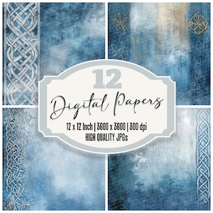 12 x Nordic Saga Junk Journal Paper Digital Paper Pack Viking Knotwork Blue Textures Oude Runen Hoge kwaliteit JPGs Scrapbook Afdrukbare