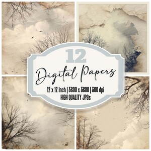 12x Bare Tree Junk Journal Paper Cloud Drift Digital Paper Pack Moody Skies Hoge kwaliteit JPG's Verontruste textuur Scrapbookpapier