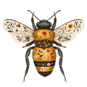 May include: A detailed illustration of a bee with a yellow and black body, adorned with floral patterns. The bee's wings are cream-colored and decorated with delicate botanical designs. The artwork is set against a clean white background.