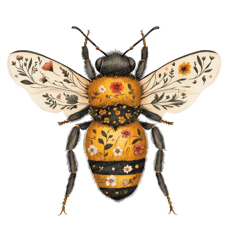 May include: A detailed illustration of a bee with a yellow and black body, adorned with floral patterns. The bee's wings are cream-colored and decorated with delicate botanical designs. The artwork is set against a clean white background.