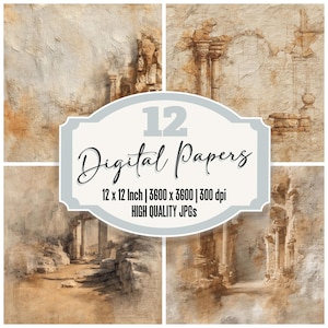 May include: A set of 12 digital papers with a vintage aesthetic. Each paper features a textured, aged look with architectural elements in shades of beige, brown, and gray. The text on the image reads "12 Digital Papers".