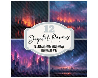 12x Digital Collapse Cyberpunk Junk Journal Paper Digital Paper Pack Futuristic City Glow Backgrounds Neon Texture Printable JPGs Download