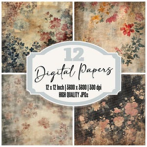 12 x papier journal vieilli en soie kimono, paquet de papier numérique floral vintage, arrière-plans japonais vieillis, fichiers JPG de haute qualité, téléchargement numérique