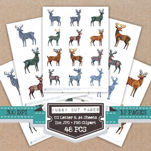 Puede incluir: Una colección de hojas de papel digital con 48 ilustraciones individuales de ciervos con patrones intrincados en varios colores. El texto en la superposición dice FUSSY CUT PAGES, US Letter & A4 Sheets, Inc. JPG + PNG Clipart, 300 DPI, 12 PAGES, 48 PCS.