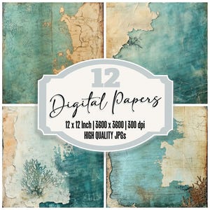 12 cartes lavées à terre pour journal indésirable, paquet de papier numérique nautique, texture vieillie, JPG de haute qualité, papier de scrapbooking imprimable