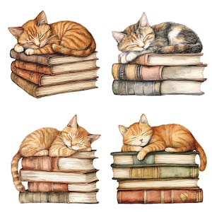 May include: Four watercolor illustrations of orange and tabby cats sleeping on stacks of vintage books. The cats are curled up in various positions, with their eyes closed and their paws tucked under their bodies. The books are all different sizes and shapes, and they are stacked in a variety of ways. The illustrations are done in a realistic style, with attention to detail in the fur, eyes, and whiskers of the cats.