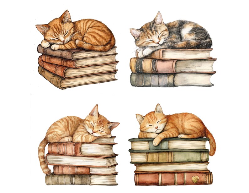 May include: Four watercolor illustrations of orange and tabby cats sleeping on stacks of vintage books. The cats are curled up in various positions, with their eyes closed and their paws tucked under their bodies. The books are all different sizes and shapes, and they are stacked in a variety of ways. The illustrations are done in a realistic style, with attention to detail in the fur, eyes, and whiskers of the cats.