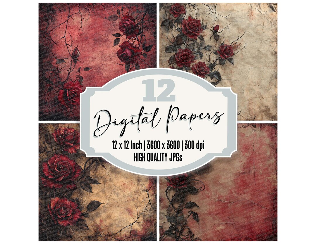 12x Gothic Roses Junk Journal Paper, Dark Floral Digital Paper Pack ...