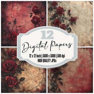 12x Gothic Roses Junk Journal Paper, Dark Floral Digital Paper Pack, Distressed Backgrounds, Red and Black Aesthetic, High Quality JPGs