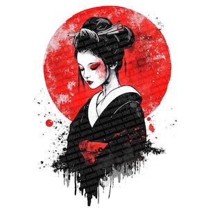 12 Geisha Clip Art, Red Moon Japanese Women Portraits PNG, Digital Download, Paper Crafts, Junk Journal, High Quality PNG