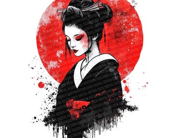 Puede incluir: Ilustración digital de una geisha con un sol rojo de fondo. La geisha está representada en blanco y negro con detalles rojos en su rostro. La imagen tiene una estética de diseño digital con efectos de salpicaduras de pintura.