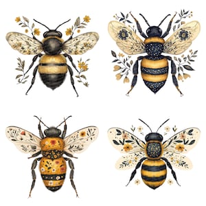 May include: Four watercolor illustrations of bees with floral wing details. Each bee has a black head and body with yellow stripes. The wings are decorated with flowers and foliage in shades of yellow, cream, and brown.