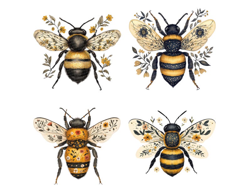 May include: Four watercolor illustrations of bees with floral wing details. Each bee has a black head and body with yellow stripes. The wings are decorated with flowers and foliage in shades of yellow, cream, and brown.