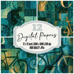 May include: Digital paper pack with bicycle designs and abstract typography in teal, gold, and blue. The image includes the text "12 Digital Papers" and dimensions of 12 x 12 inches, 3600 x 3600 pixels, and 300 dpi.