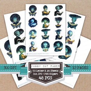 May include: Sheets of stickers with watercolour illustrations of aliens reading books. The aliens have blue skin and large eyes, set against a dark, starry background. The image text includes "Fussy Cut Pages" and "48 PCS".