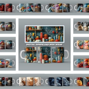 May include: Digital download of a mug wrap design featuring a colorful yarn shop with balls of yarn, knitting needles, and the text "The Art of Wool".