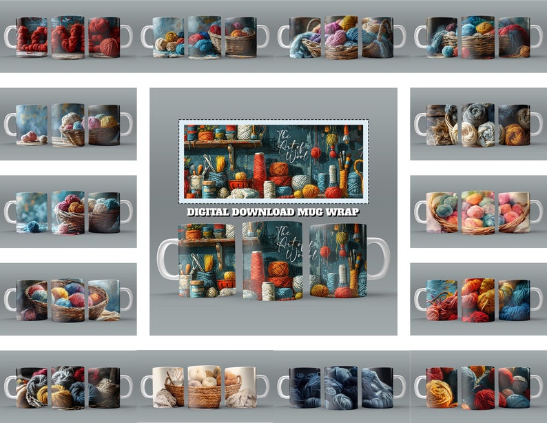 May include: Digital download of a mug wrap design featuring a colorful yarn shop with balls of yarn, knitting needles, and the text "The Art of Wool".