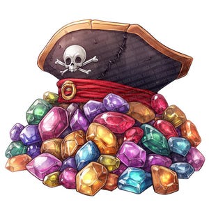 12x Chapéu de Pirata com Gemas PNG Clipart, Conjunto de Clip Art de Chapéu de Caveira e Joias, Tesouro de Pirata para Imprimir PNG, Download Digital, Artesanato para Festa