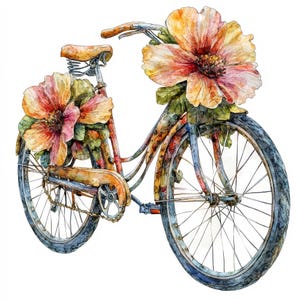 12x Bicycle Clipart, Floral Bicycle Clipart, Printable Watercolor Clipart, Paper Crafts, Wall Art, Digital Download, Junk Journals, Bike Art