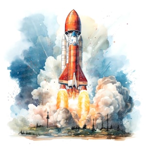 Clipart de ônibus espacial, 12 JPGs, clipart de lançamento de foguete, clipart de aquarela para impressão, artesanato em papel, arte de parede, download digital, diários de lixo