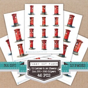 May include: Sheets of paper with watercolor illustrations of red British post boxes. The image includes the text "FUSSY CUT PAGES", "US Letter & A4 Sheets", "Inc. JPG + PNG Clipart", "48 PCS", "300 DPI", and "12 PAGES".