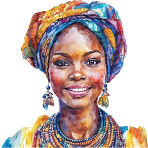 Afrikaanse vrouw aquarel clipart, kleurrijke headwrap en sieraden, afdrukbare portretkunst, hoge kwaliteit jpg's, digitale download, kunst aan de muur