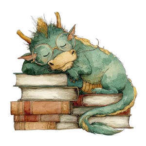 May include: A watercolour illustration of a sleeping green dragon wearing round glasses, resting on a stack of books. The dragon has yellow horns and a long tail. The books are various colours, including brown and red.