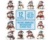 Cute Snowman Clipart, 12 High Quality JPGs, Watercolor Winter Art, Digital Download,Junk Journal,Clipart Set,Digital Papers,Xmas Card Making
