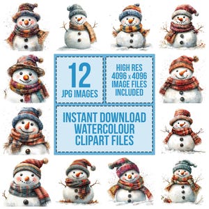 Cute Snowman Clipart, 12 High Quality JPGs, Watercolor Winter Art, Digital Download,Junk Journal,Clipart Set,Digital Papers,Xmas Card Making
