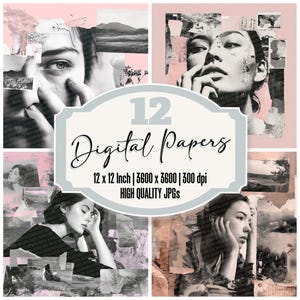 12x Papel de Diário de Mulher Sonhadora, Colagem Mínima, Pacote de Papel Digital, Fundos de Retrato Suaves, JPGs de Alta Qualidade para Download